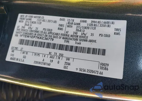 2019 Ford F-150 Xl из США, поврежденный, VIN 1FTEW1EP7KKC36779